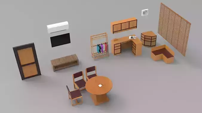 Office Interior low poly props furniture 3D Model