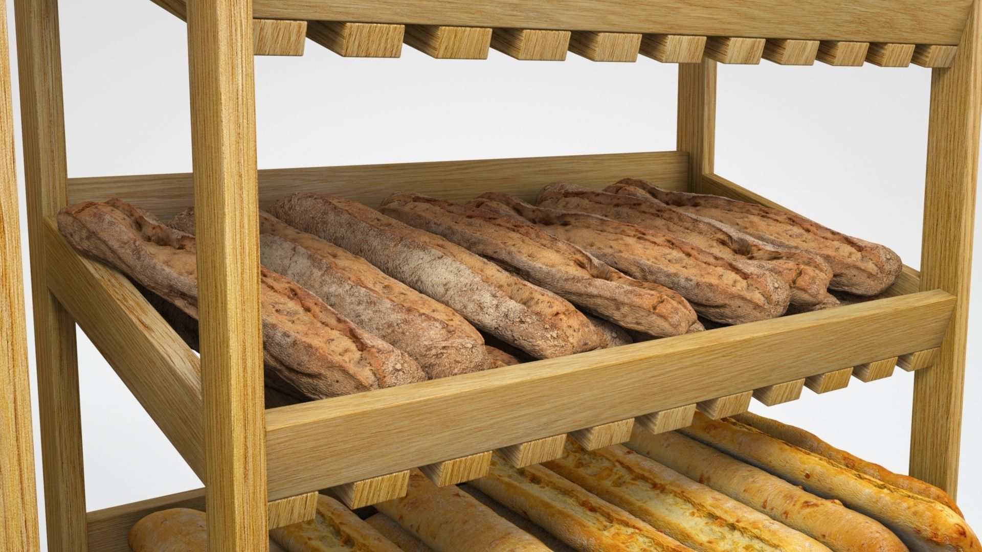 Baked Bread bun and loaf collection on the shelf  3D model_11