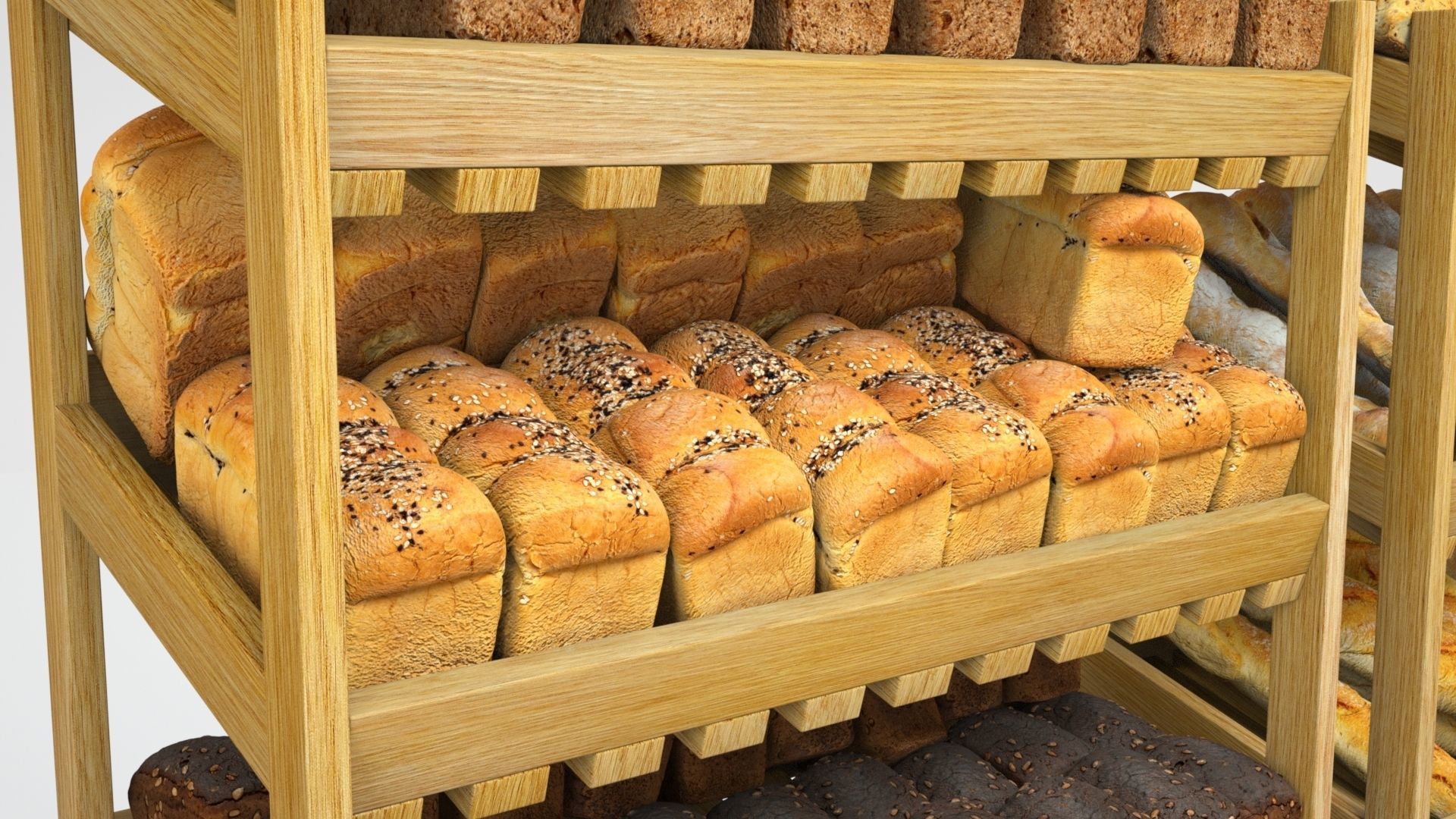 Baked Bread bun and loaf collection on the shelf  3D model_7