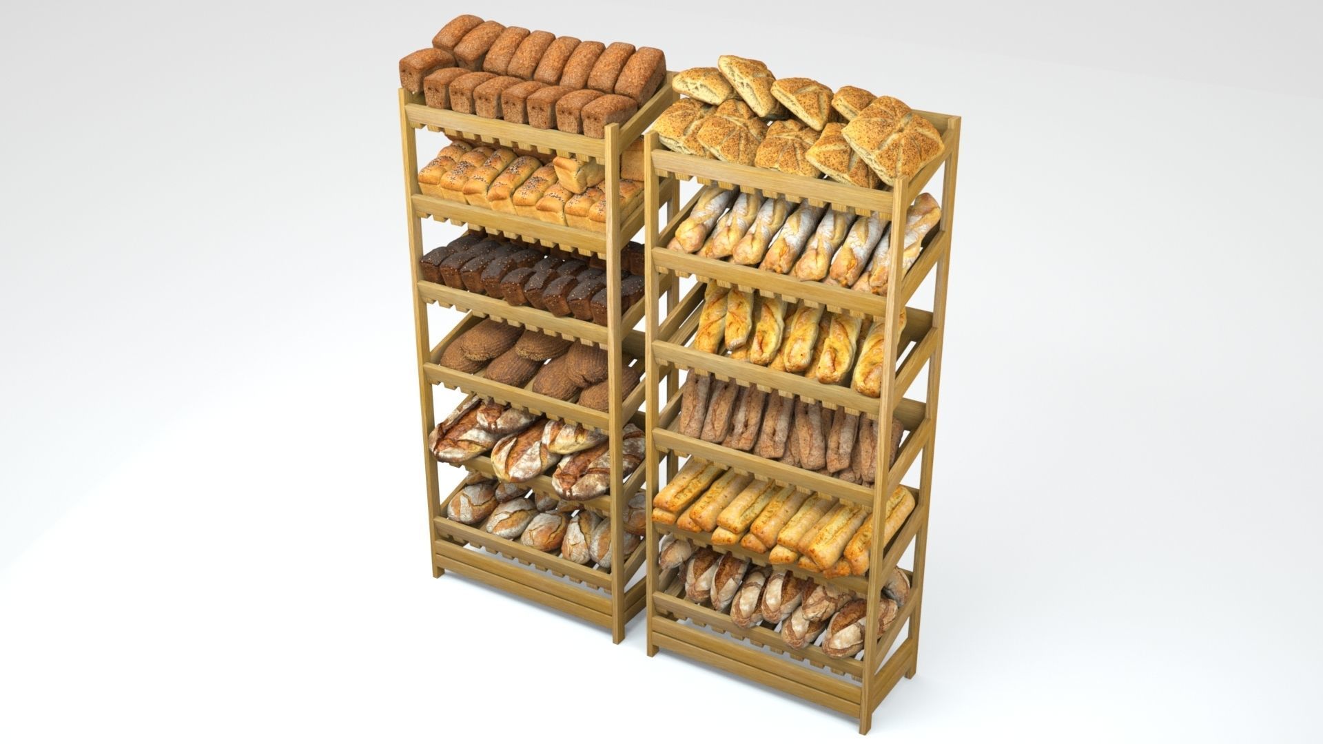 Baked Bread bun and loaf collection on the shelf  3D model_2