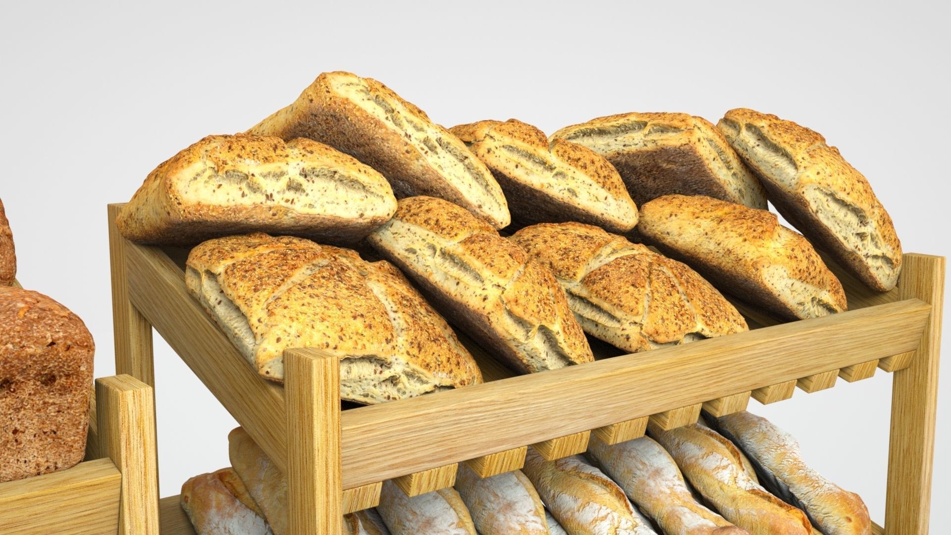 Baked Bread bun and loaf collection on the shelf  3D model_6