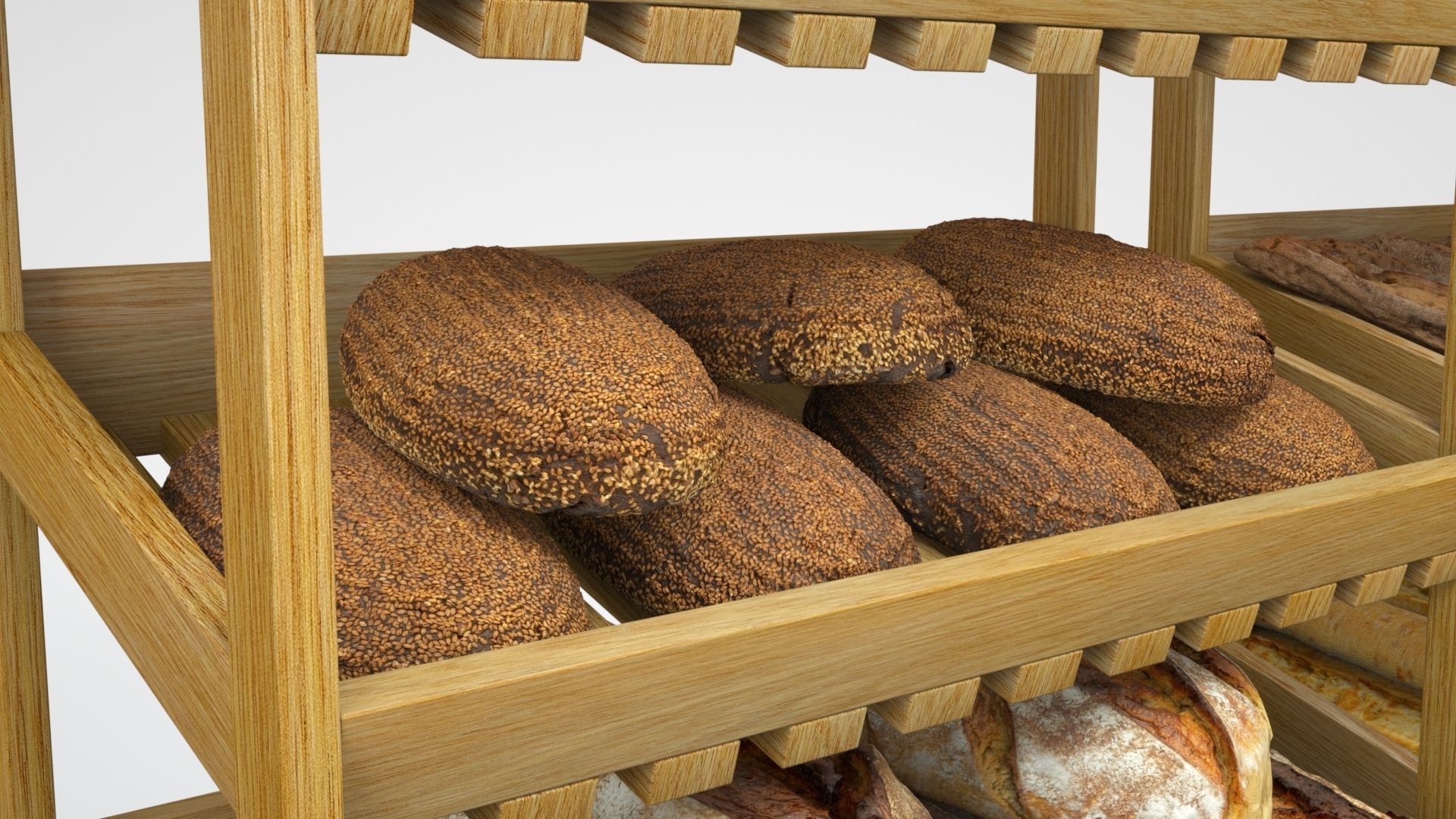 Baked Bread bun and loaf collection on the shelf  3D model_12