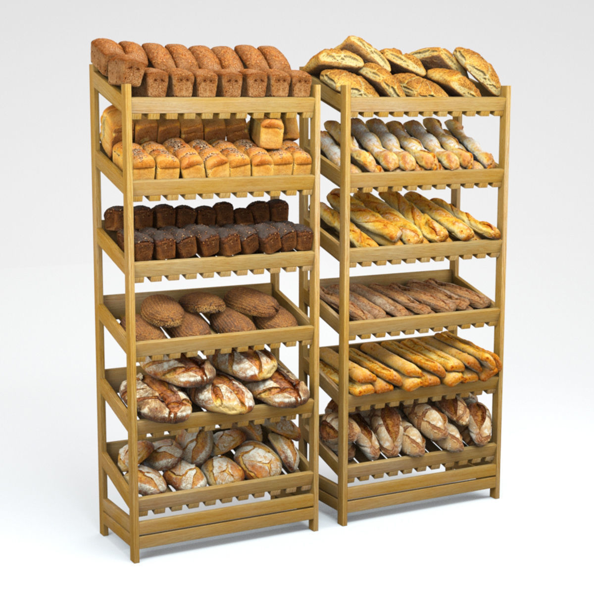 Baked Bread bun and loaf collection on the shelf  3D model_1