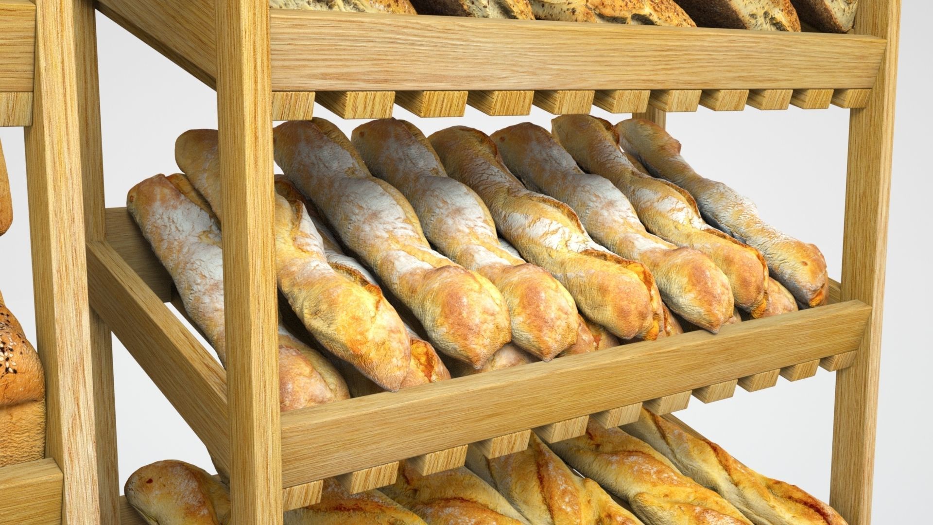 Baked Bread bun and loaf collection on the shelf  3D model_8