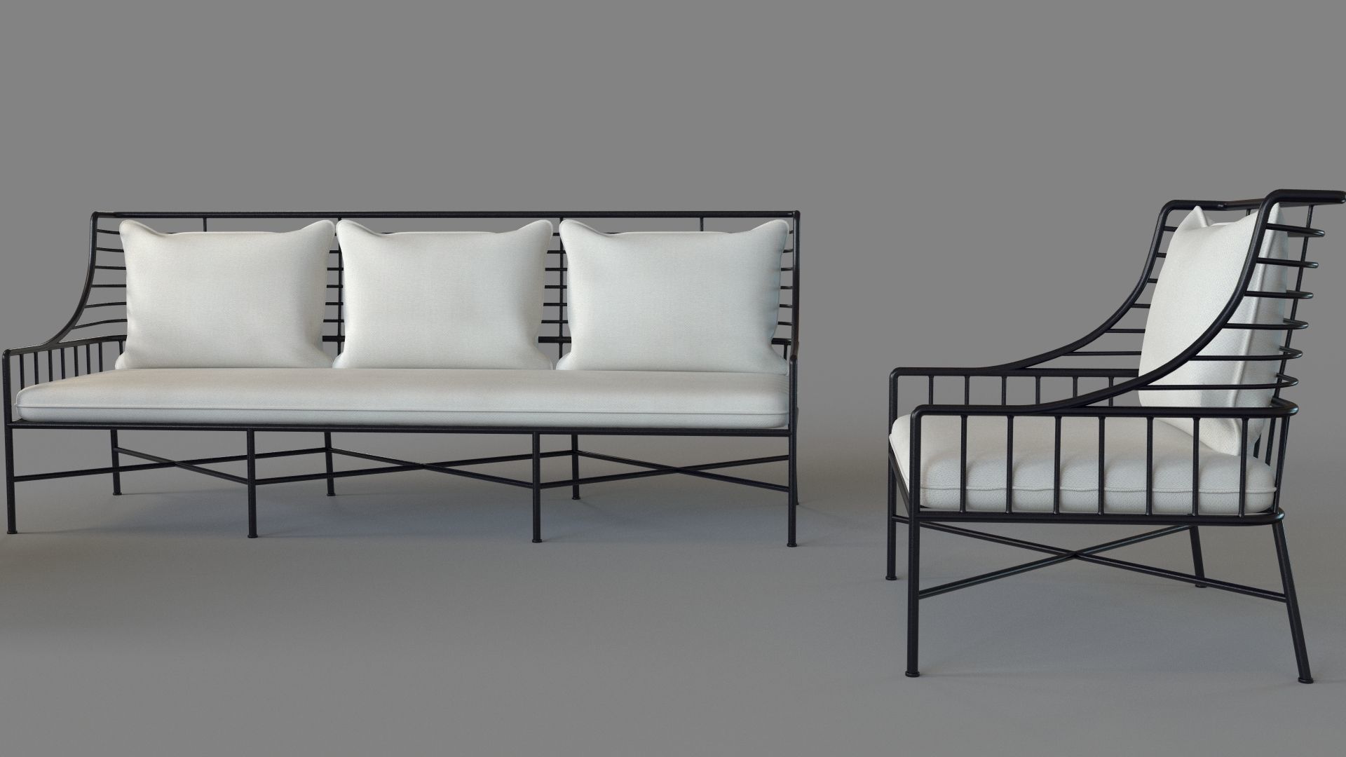 Breton Black Metal Outdoor Sofa And Chair 3D model_1