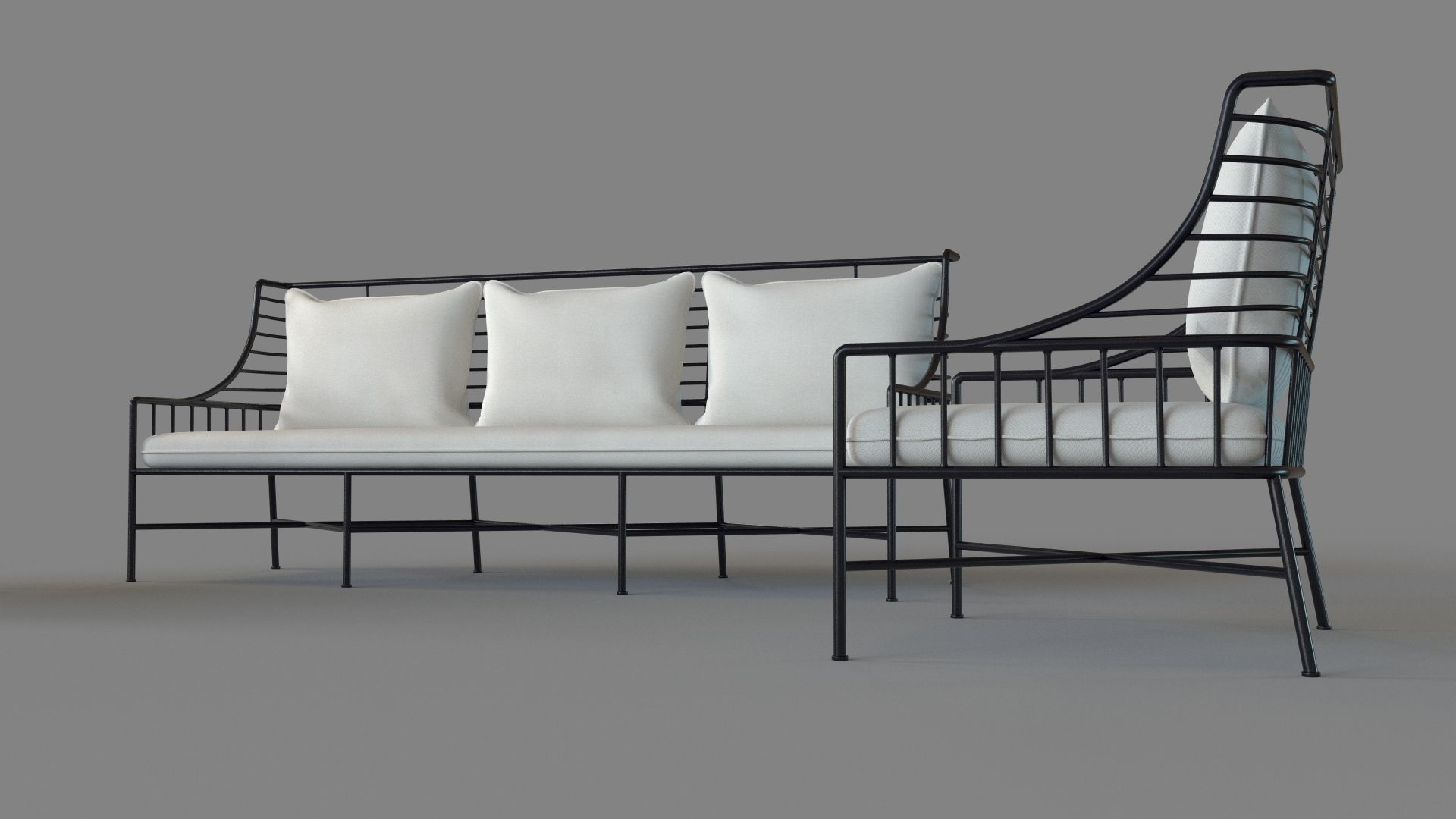 Breton Black Metal Outdoor Sofa And Chair 3D model_5