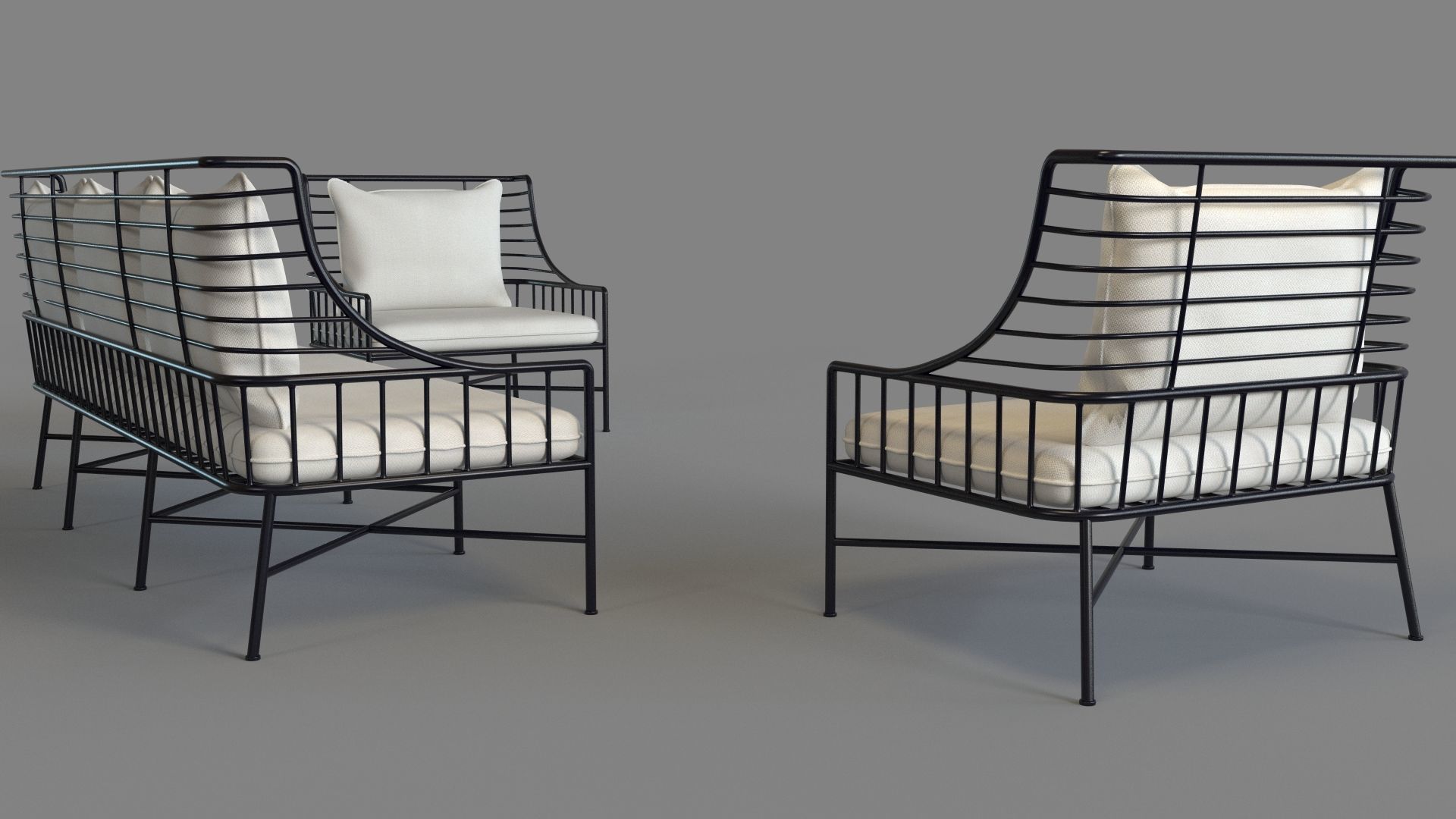 Breton Black Metal Outdoor Sofa And Chair 3D model_3