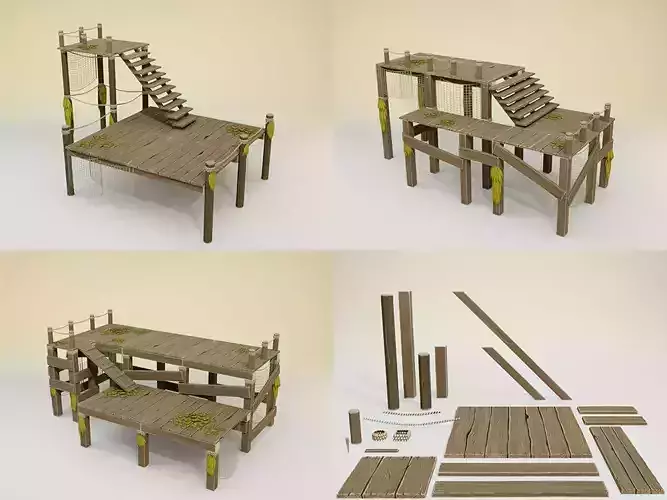 Low poly handpainted pier set Low-poly 3D model