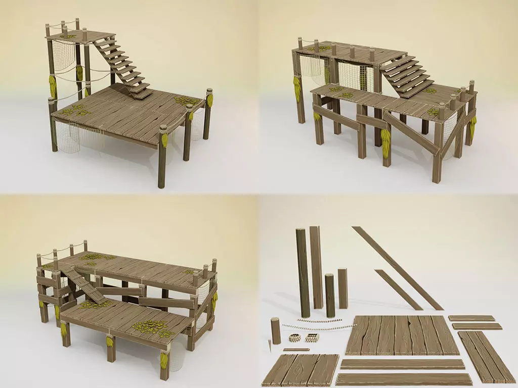 Low poly handpainted pier set Low-poly 3D model_0