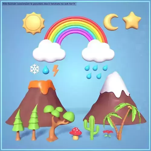 Cartoon Pack -- Sun Star Cloud Mountain volcano Tree Mushroom