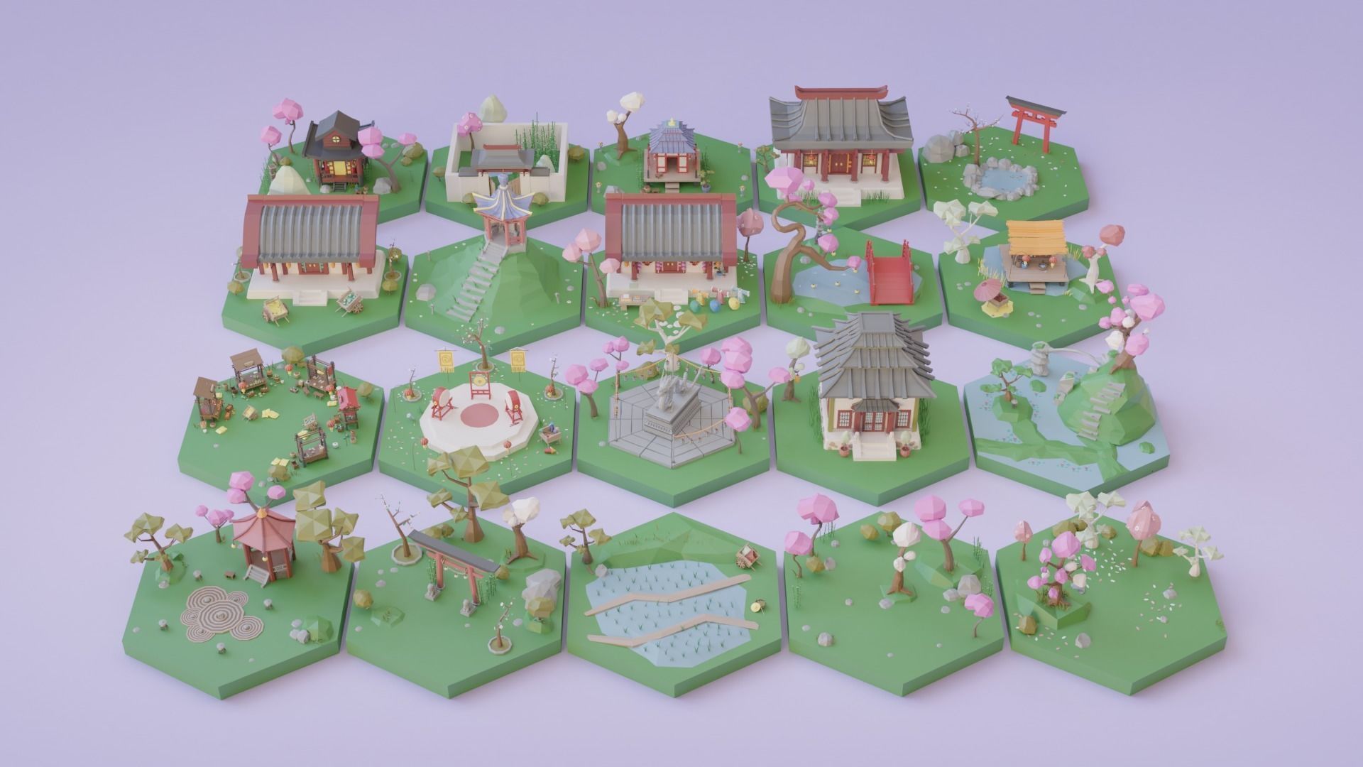 Low Poly Asian Style Set Low-poly 3D model_2