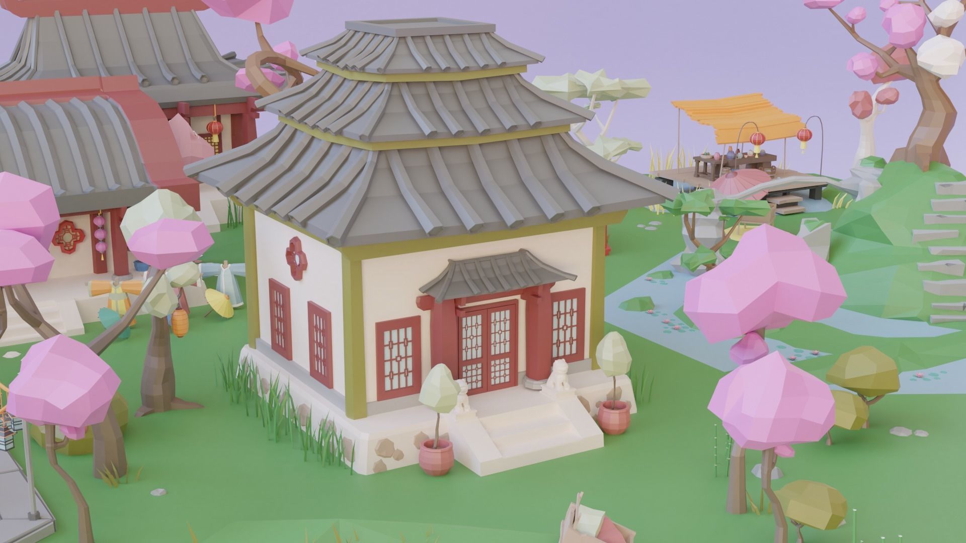 Low Poly Asian Style Set Low-poly 3D model_6