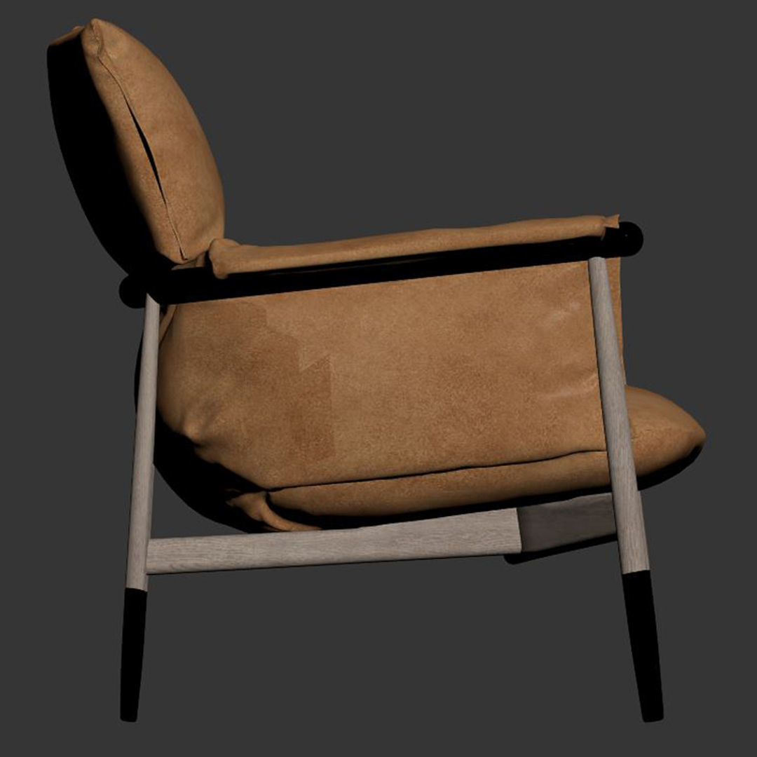 armchair lounge chair in tan leather 3D model_2