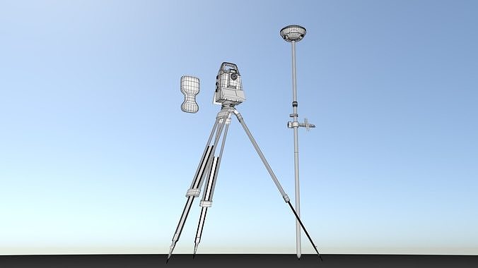 Tacheometer tripod with surveying device 3D model
