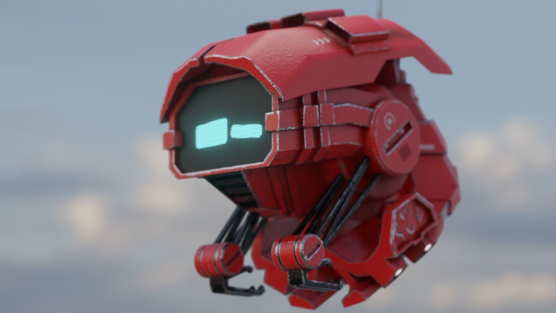 red sci-fi flying Surveillance robot helper with face display Low-poly 3D model_18