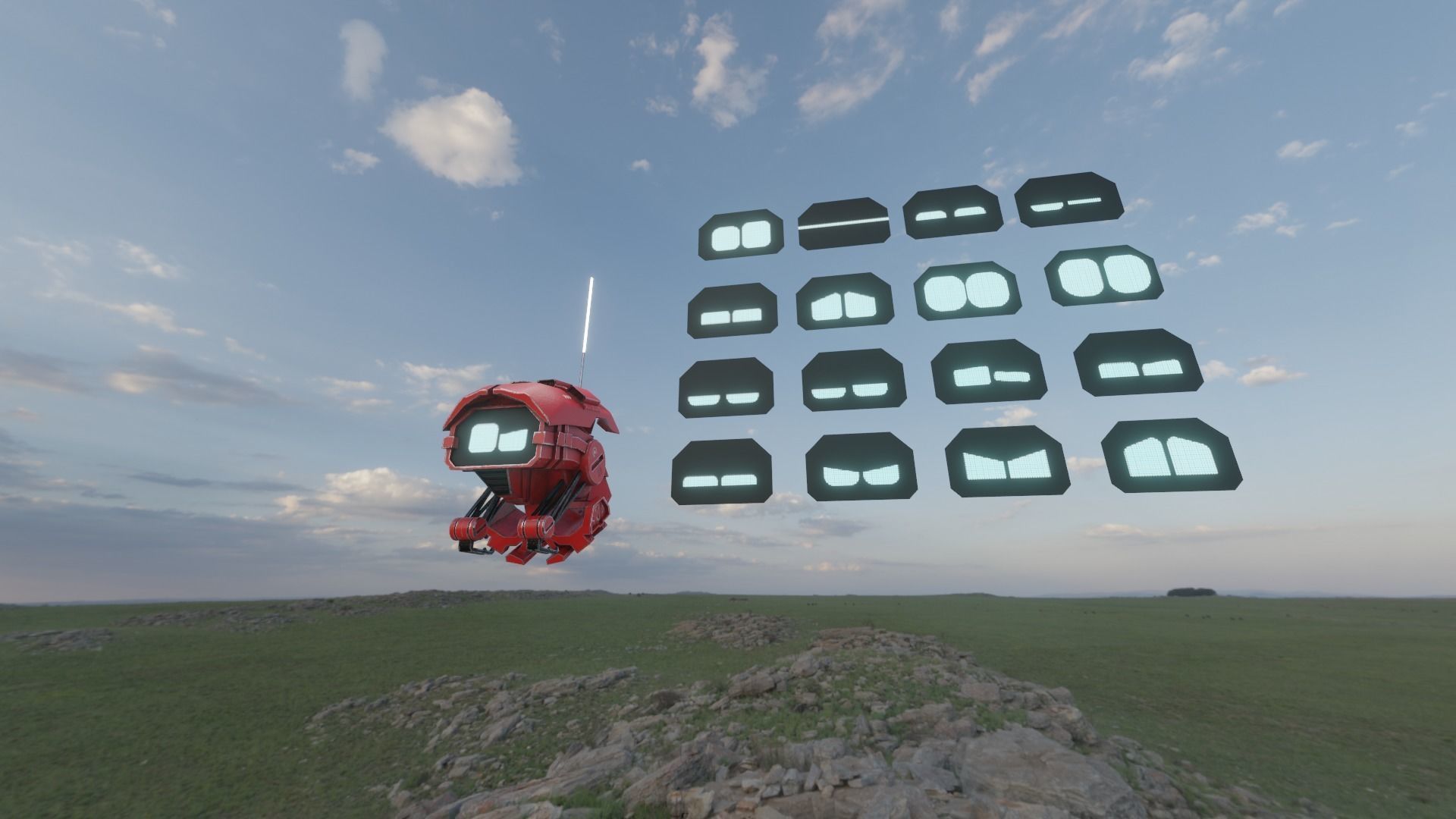 red sci-fi flying Surveillance robot helper with face display Low-poly 3D model_7