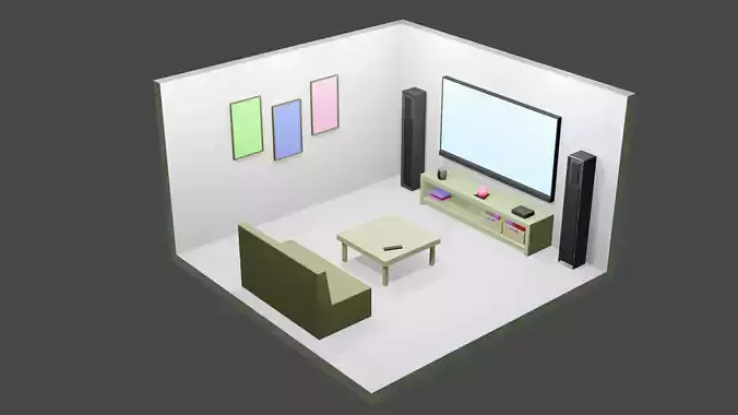 TV Room Interior Low-Poly