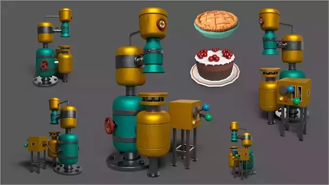 Stylized Cartoony Cake-O-Matic - Kitchen Device and 2 Cakes Low-poly 3D model