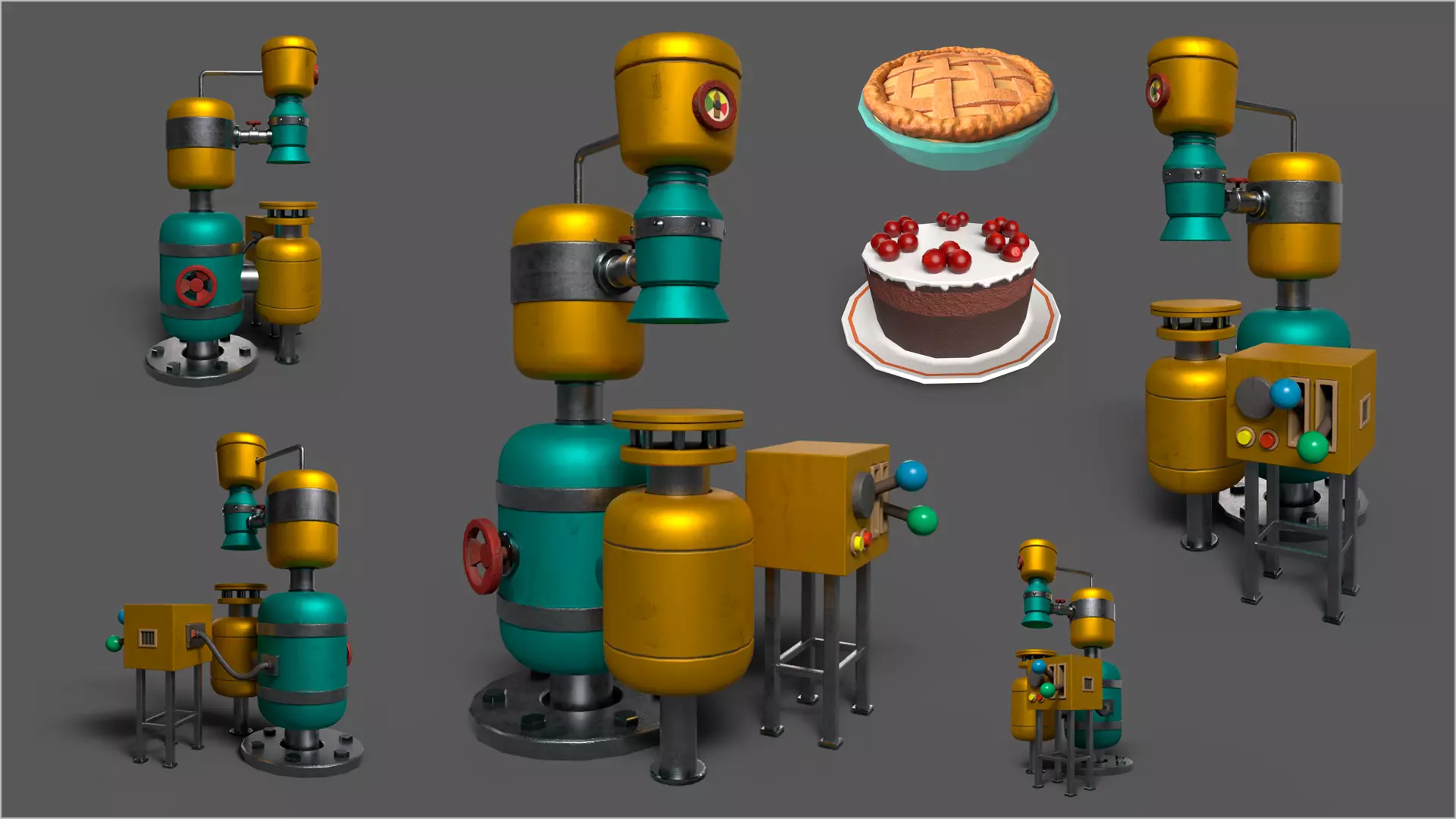 Stylized Cartoony Cake-O-Matic - Kitchen Device and 2 Cakes Low-poly 3D model_0