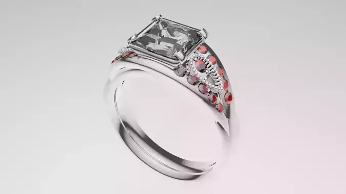Women Square Cut Diamond w Ruby  Ring 3D model