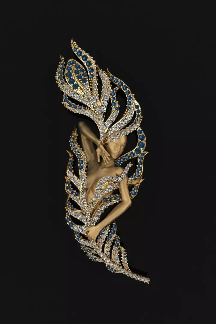 Magerit feather brooch with diamonds and sapphires 3D print model_0