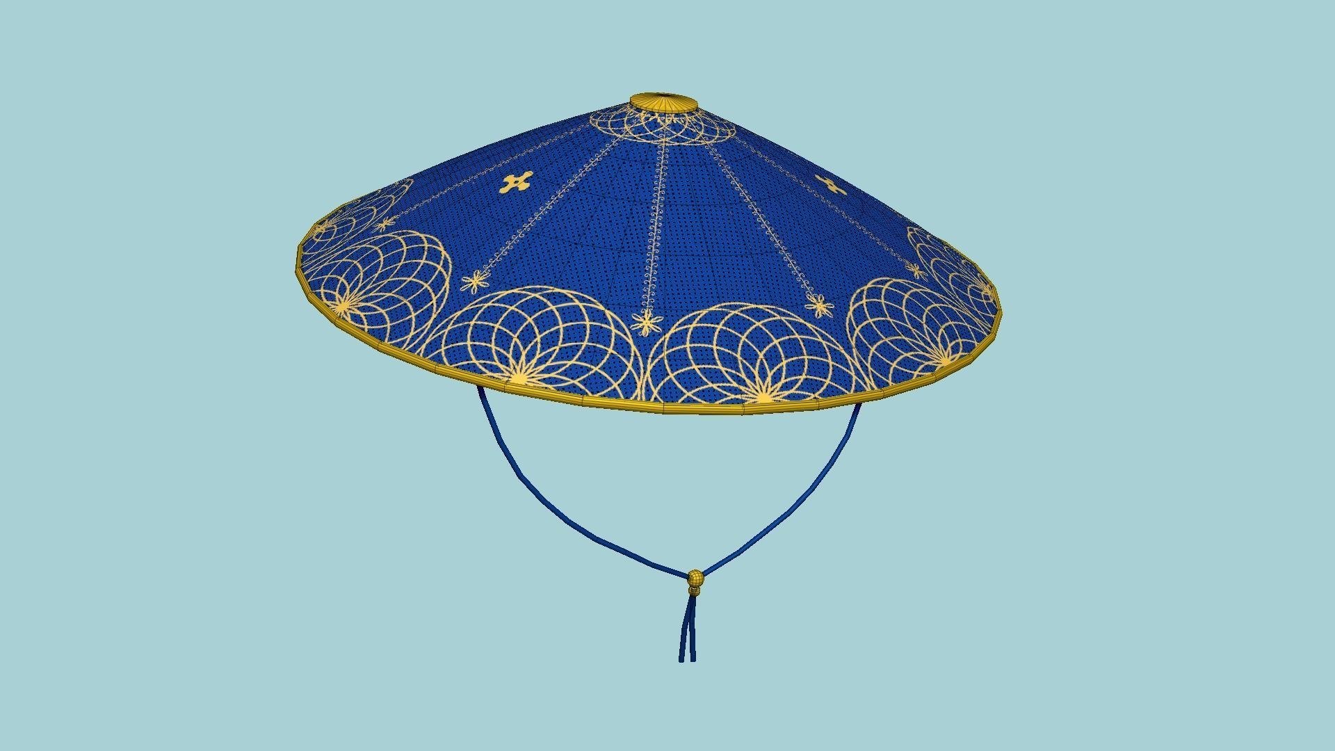 Asian Hat 10 Blue Gold - Character Design Fashion Low-poly 3D model_6