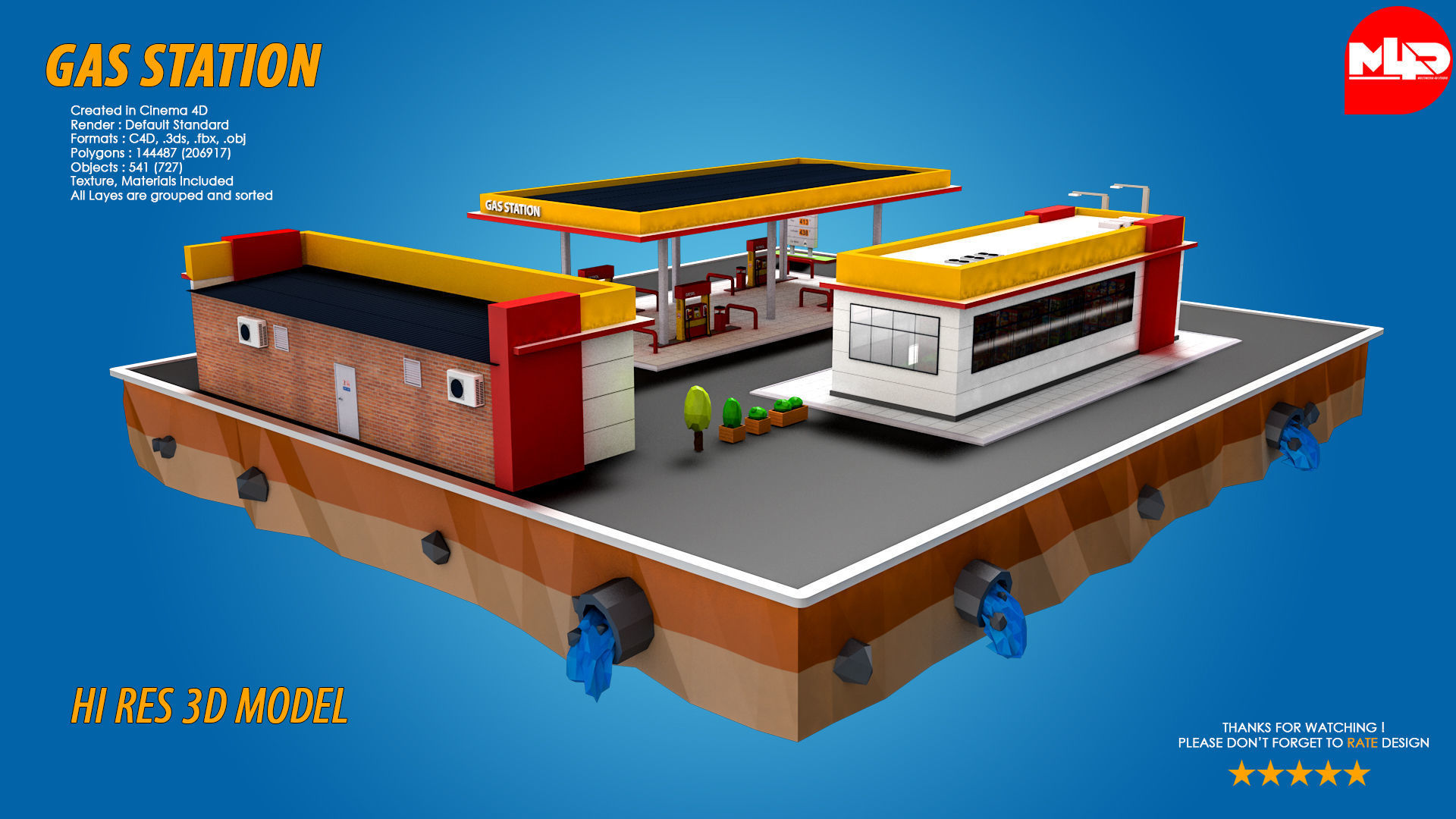 Low Poly Gas Station Market and Car Wash Low-poly 3D model_2
