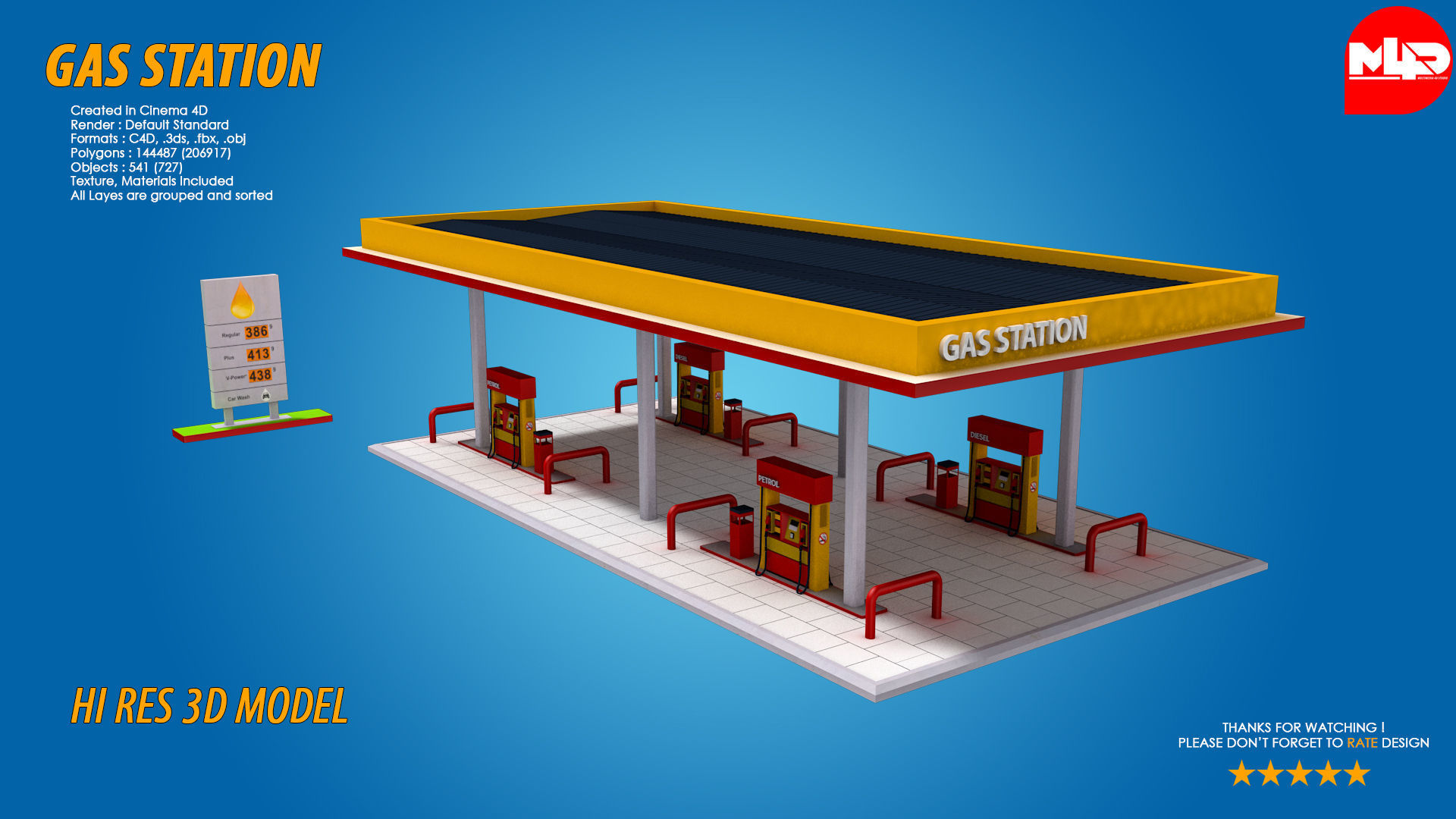 Low Poly Gas Station Market and Car Wash Low-poly 3D model_4