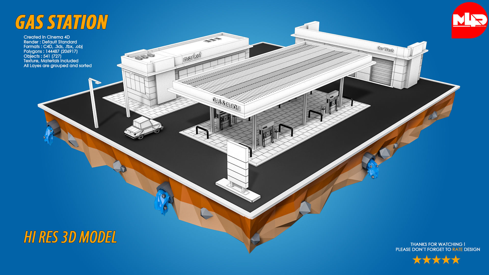 Low Poly Gas Station Market and Car Wash Low-poly 3D model_3