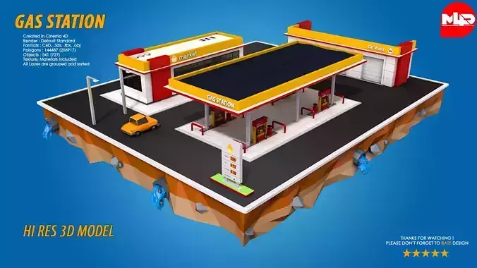 Low Poly Gas Station Market and Car Wash Low-poly 3D model