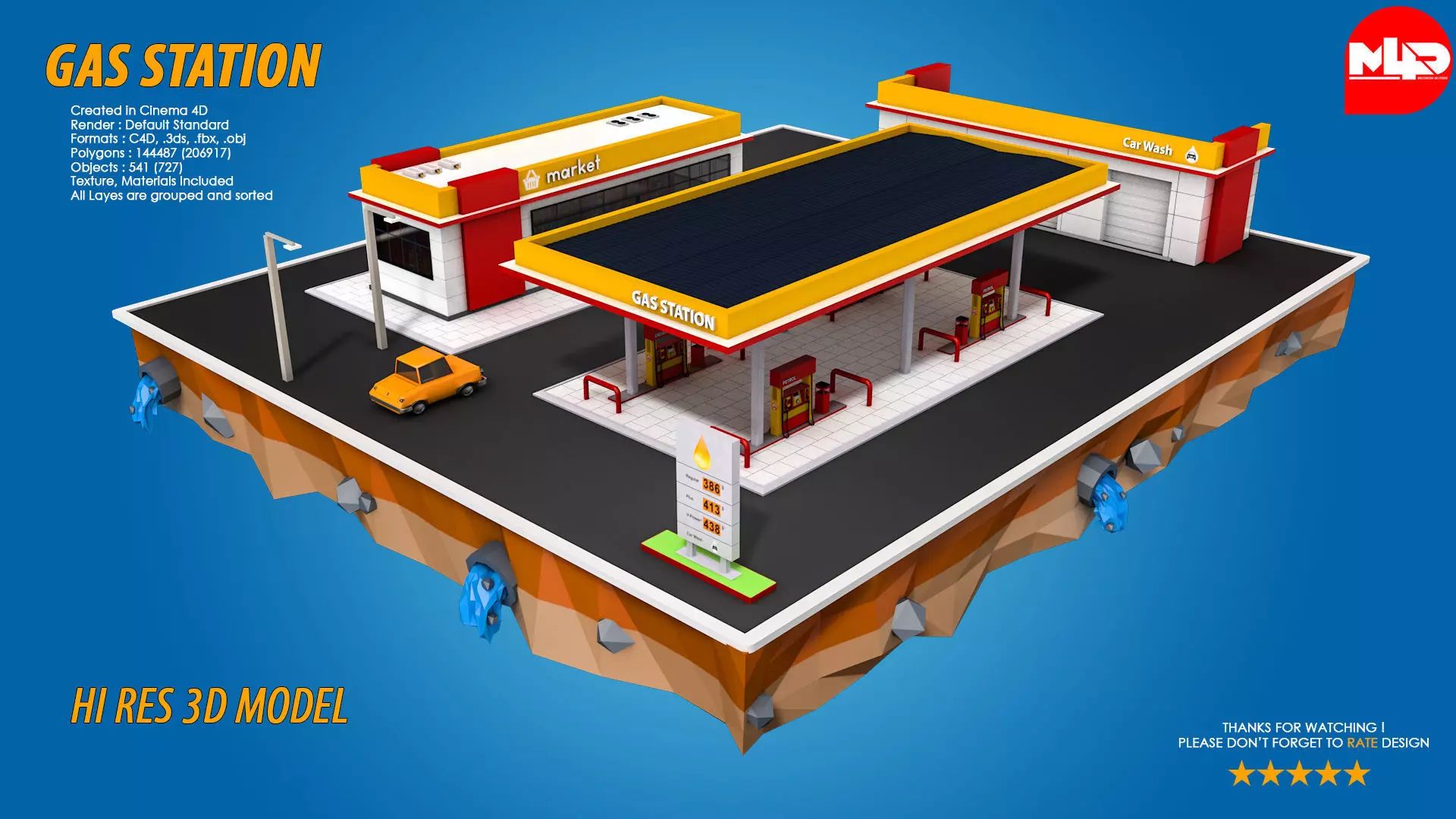 Low Poly Gas Station Market and Car Wash Low-poly 3D model_0
