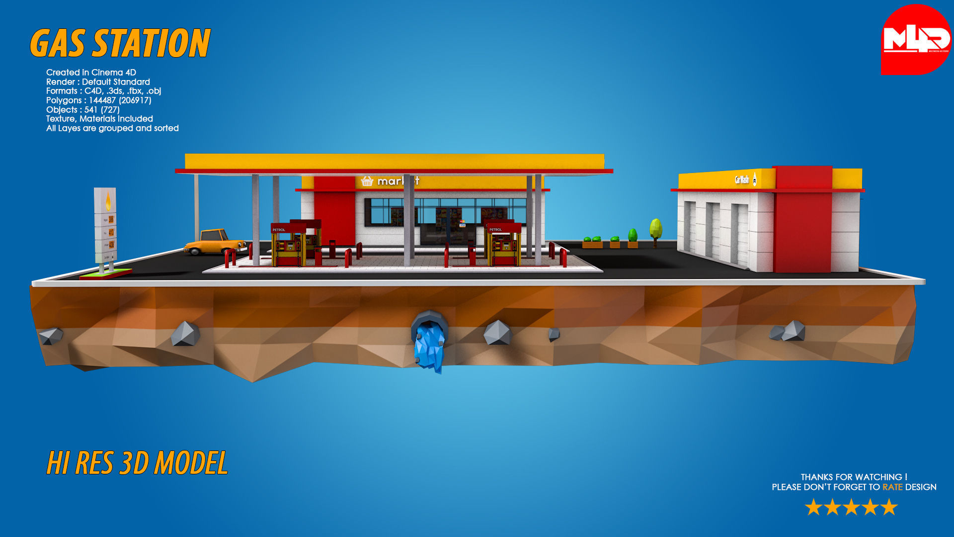 Low Poly Gas Station Market and Car Wash Low-poly 3D model_1