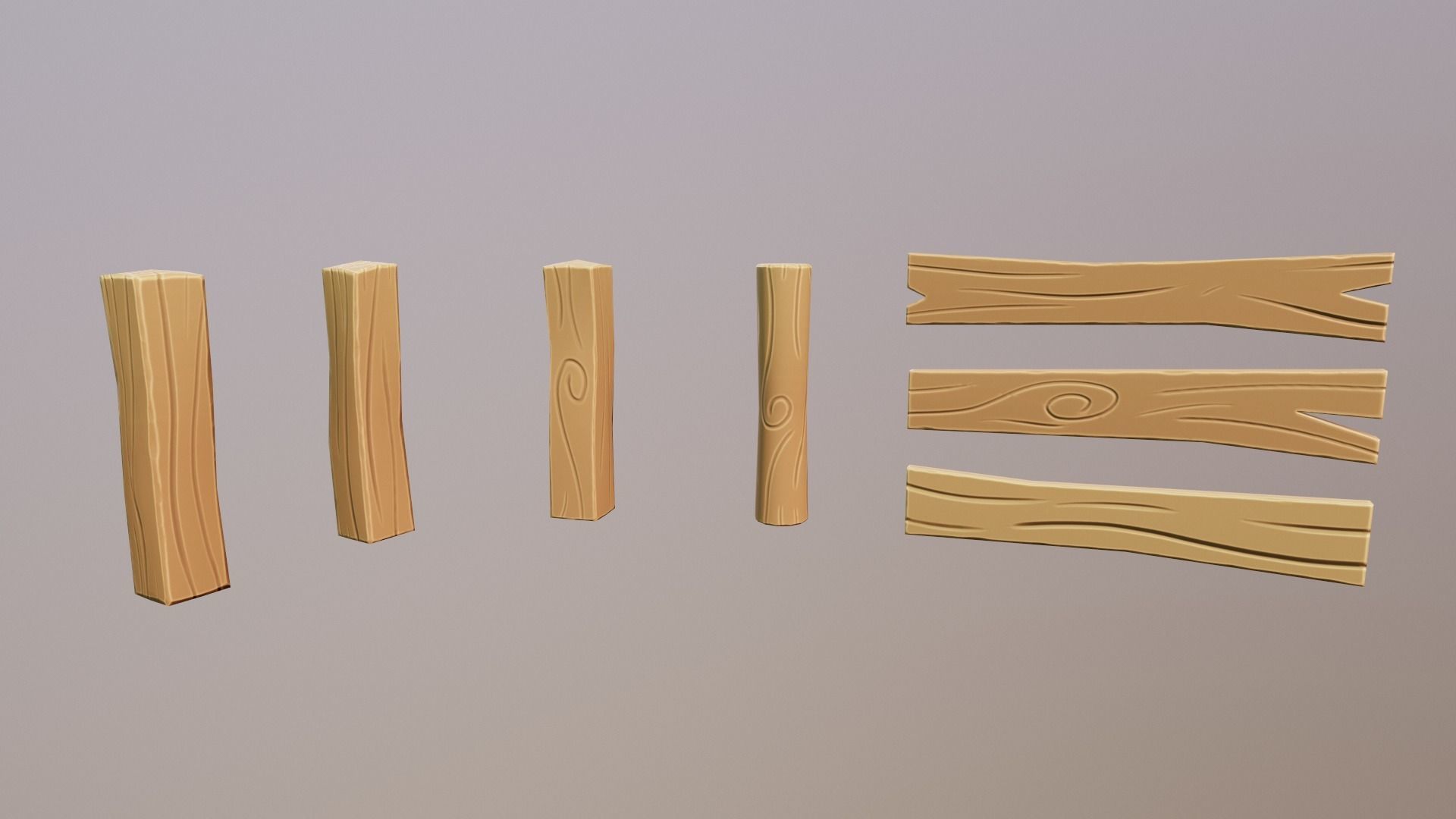 Stylized wood fence elements Low-poly 3D model_0