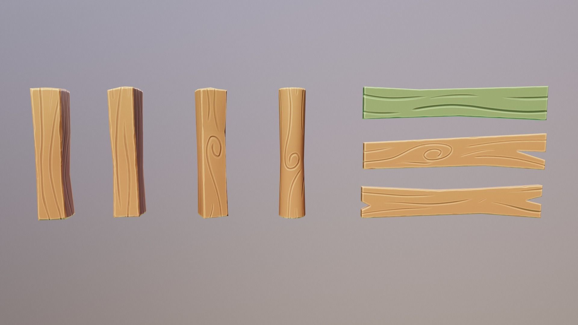 Stylized wood fence elements Low-poly 3D model_2