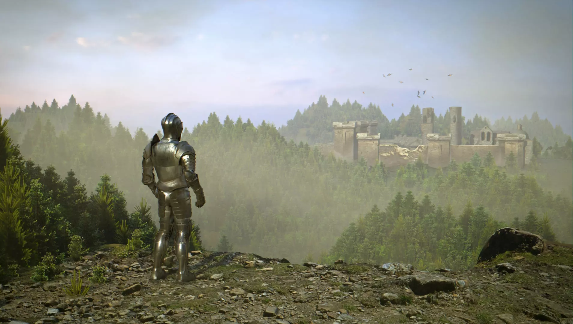 Castle man in armor on hill overlooking Low-poly 3D model_0