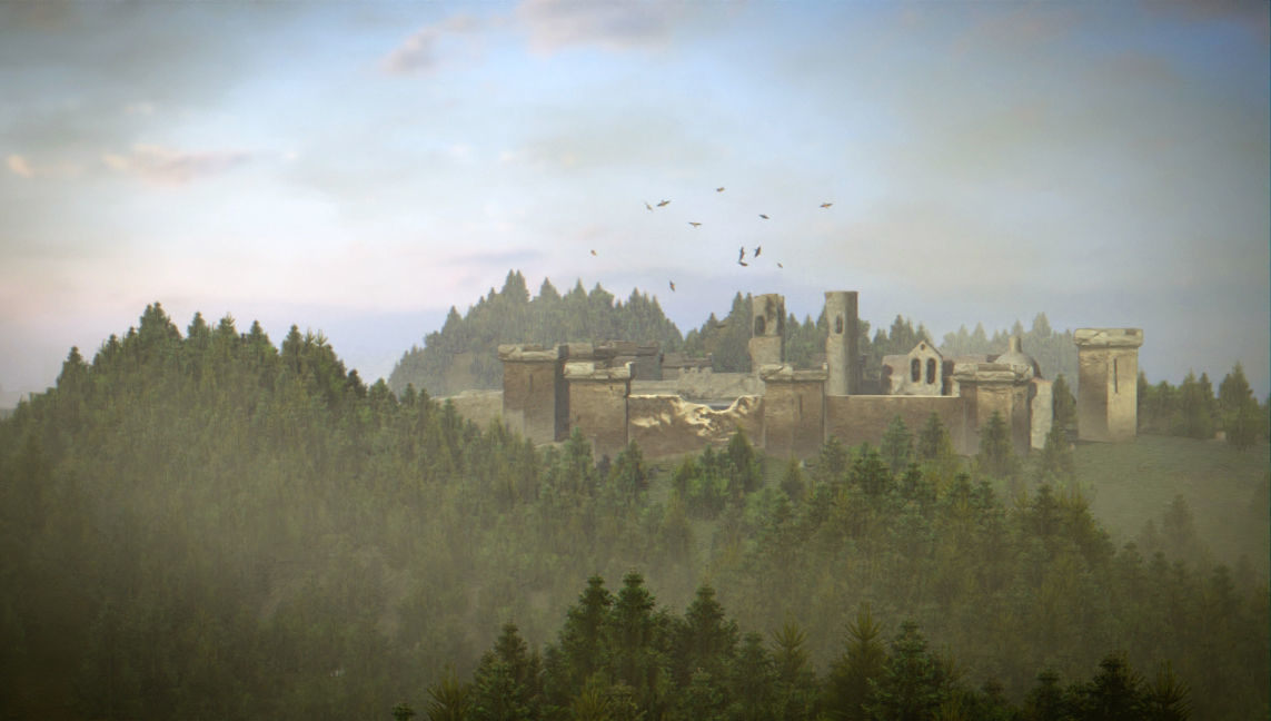 Castle man in armor on hill overlooking Low-poly 3D model_1