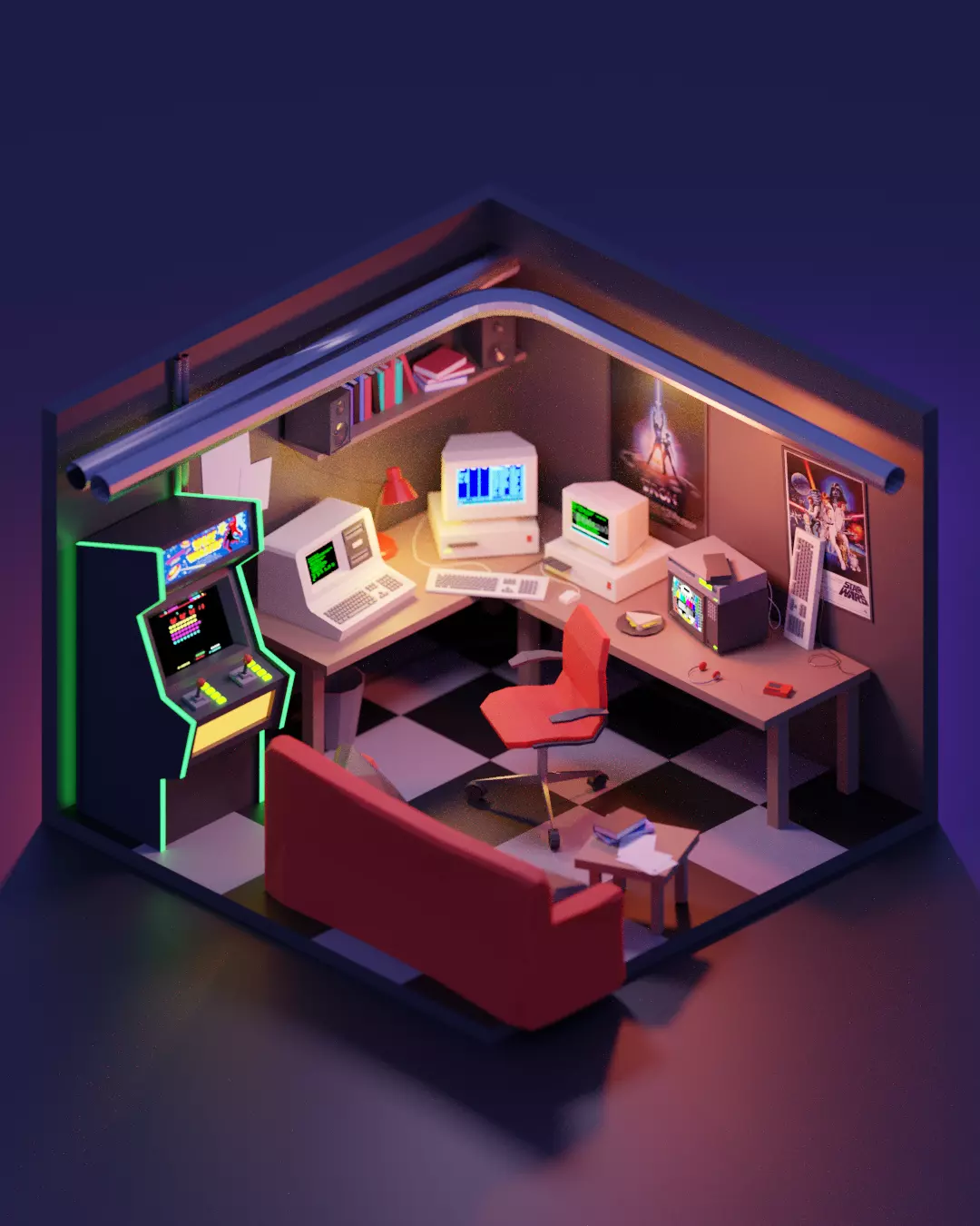 room-hacker low poly model render in blender Low-poly 3D model_0