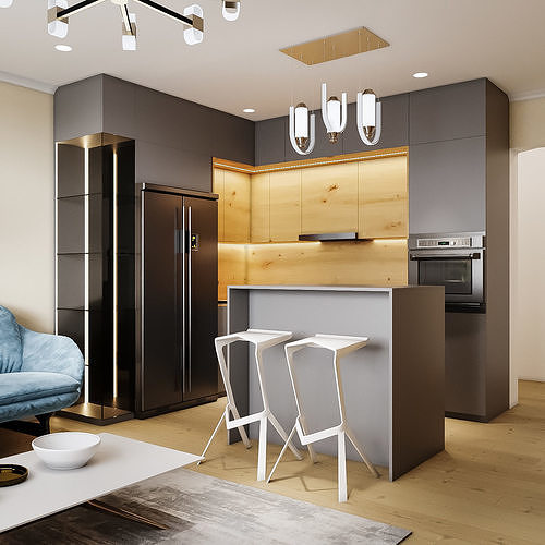 Kitchen and small livingroom interior scene Free low-poly 3D model