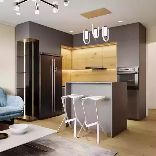Kitchen and small livingroom interior scene