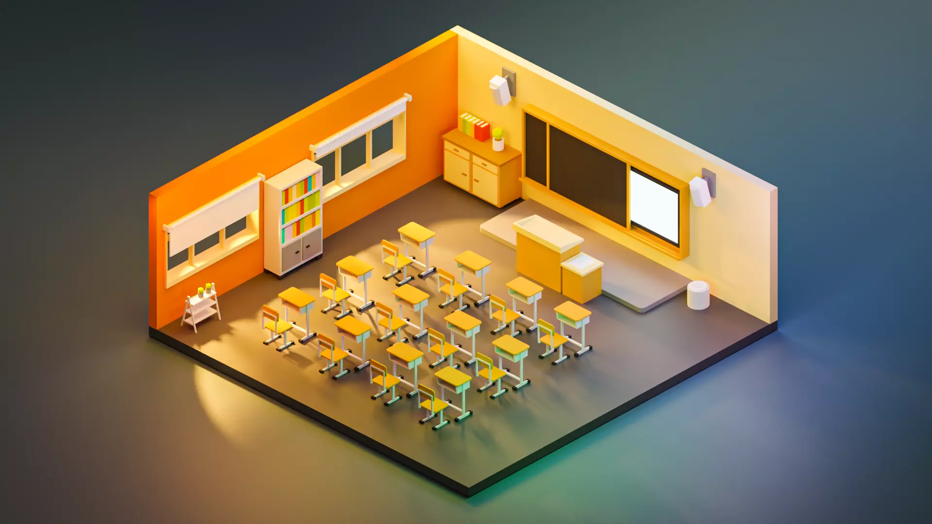 classroom with chairs and desks 3D model_0