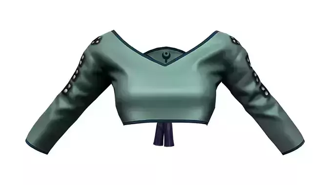 Open V-Neck Green Crop Samurai Top With Chinese Hanging Tassel