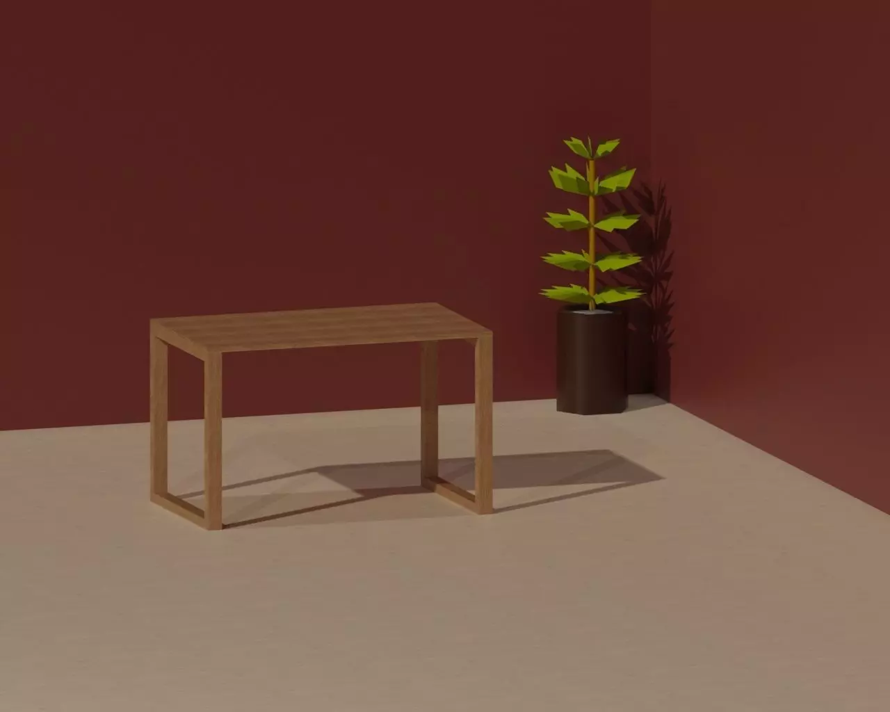 Wooden Table with Plant Low-poly 3D model_0
