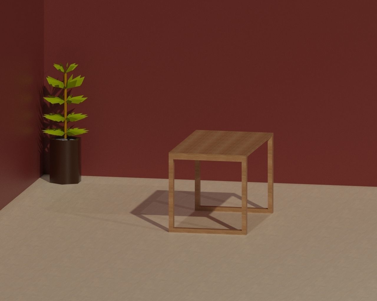 Wooden Table with Plant Low-poly 3D model_4