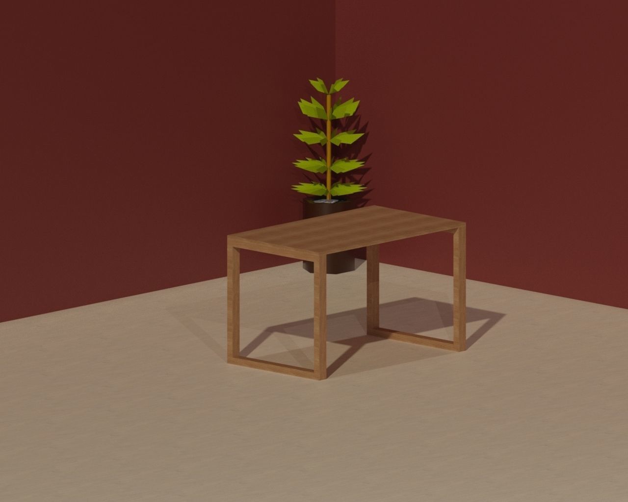 Wooden Table with Plant Low-poly 3D model_2