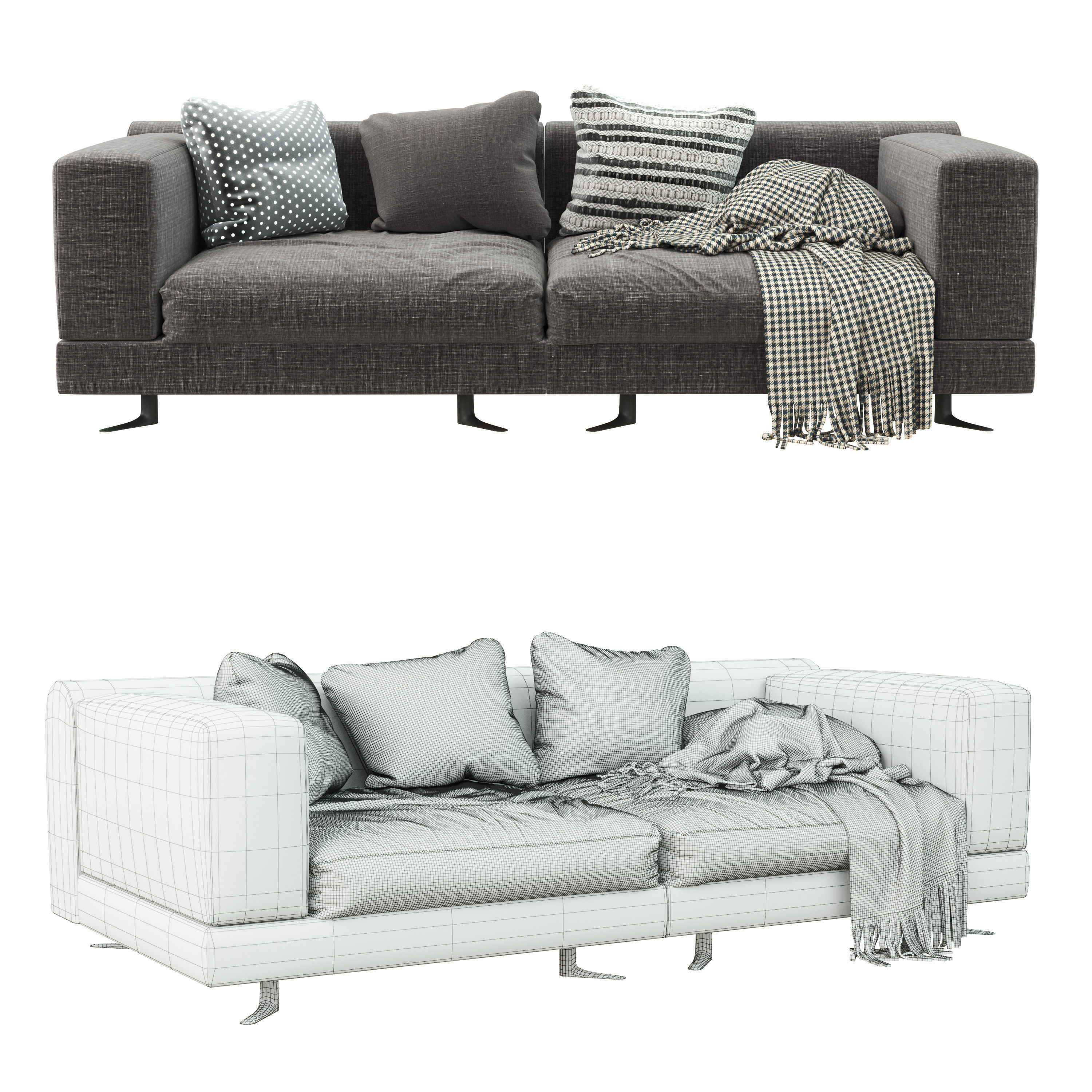 White sofa with pillows and blankets 3D model_1