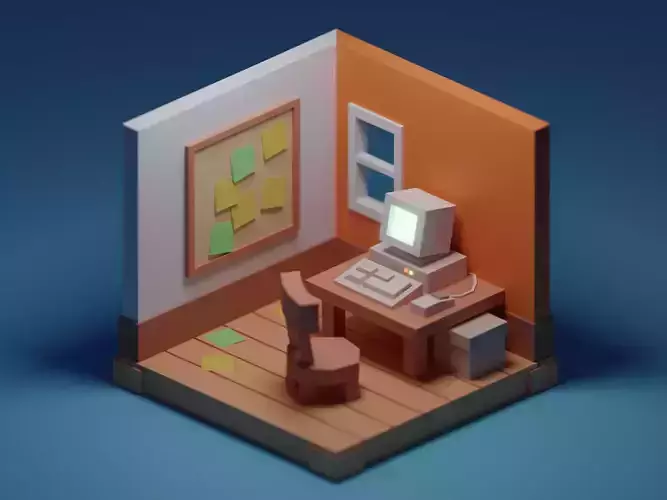 Low Poly Office room with computer and lamp