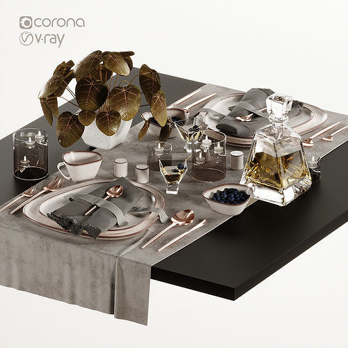 Tableware-6-Diamond-Set table setting with silverware and win... 3D model