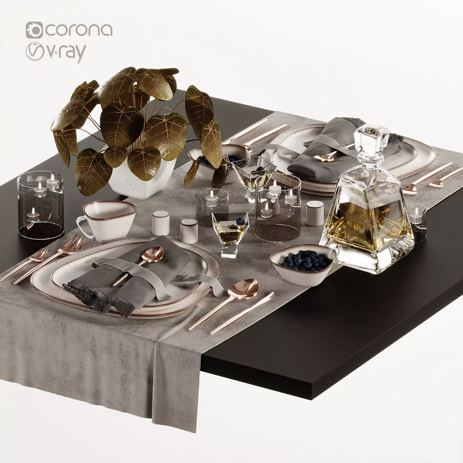 Tableware-6-Diamond-Set table setting with silverware and win... 3D model_0