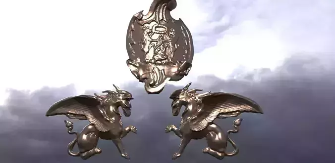 Griffin Sculpture with Medieval Crest Shield 3D model