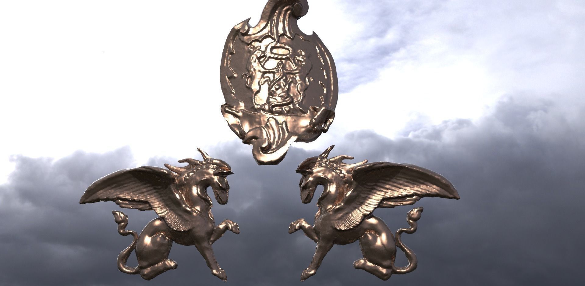 Griffin Sculpture with Medieval Crest Shield 3D model_1